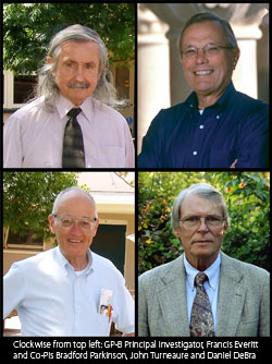 Clockwise from top left: photos of Principal Investigator Francis Everitt and Co-Principal Investigators Bradford Parkinson, John Turneaure and Daniel DeBra.