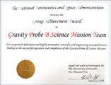 The NASA Group Achievement Award certificate that was presented to each member of the Stanford/Lockheed Martin GP-B team.