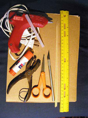 Photo of supplies recommended for building a paper model of the GP-B spacecraft.