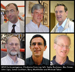 Photos of Gp-B Co-Investigators. CLockwise from top left: Sasha Buchman, Mac Keiser, John Lipa, James Lockhart, Barry Muhlfelder and Michael Taber.