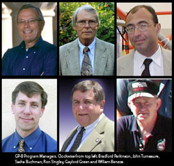 Photos of Gp-B Program Managers. CLockwise from top left: Bradford Parkinson, John Turneaure, Sasha Buchman, Ron Singley, Gaylord Green and William Bencze.