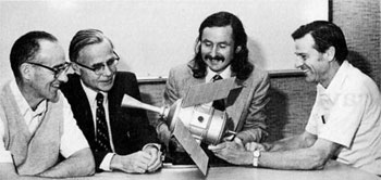 Photo of Dan Debra, Bill Fairbank, Francis Everitt and Bob Cannon with a model of Gravity Probe B, 1980>
