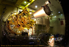 The GP-B spacecraft outside the Thermal Vacuum Chamber at Lockheed Martin.